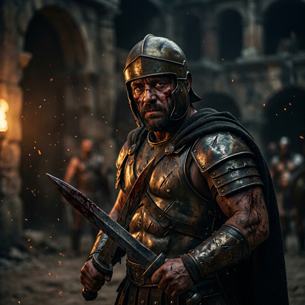 Battle-scarred Roman gladiator in shadow