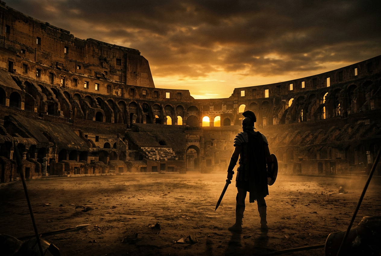 Gladiator standing in a Roman arena at golden hour